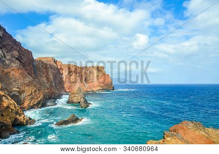 Amazing Volcanic Rocks In Ponta De Sao Lourenco, Madeira Island, Portugal. Cliffs By The Atlantic Oc