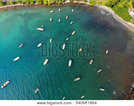Guadeloupe Beach Drone Sunset View. Harbor Bay Aerial View In Marigot.