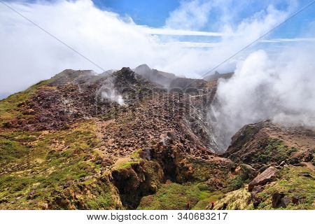Volcano La Soufriere Crater In Guadeloupe. Natural Landmark Active Volcano.