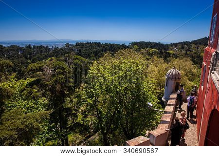 Sintra, Portugal - May, 2018: Tourists Visiting The Pena Palace A Romanticist Castle Located In Sao 