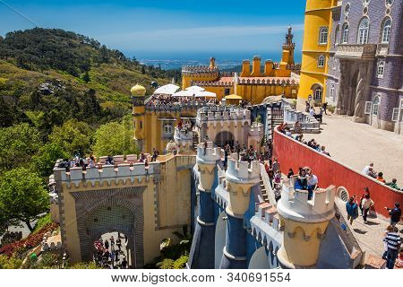 Sintra, Portugal - May, 2018: Tourists Visiting The Pena Palace A Romanticist Castle Located In Sao 