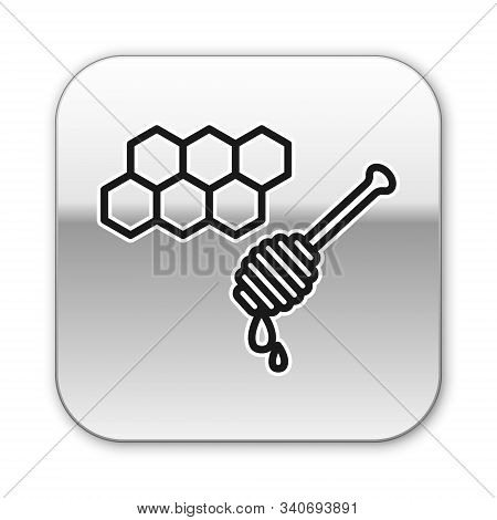 Black Line Honeycomb With Honey Dipper Stickicon Isolated On White Background. Honey Ladle. Honey Ce