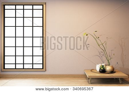 Window Design On Empty Room White On Wooden Floor Japanese Interior Design.3D Rendering