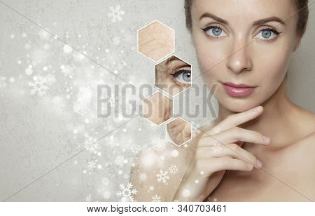 Beautiful Woman`s Face Over Grey Background With Snow And Snowflakes. Cryolifting Beauty Procedure C