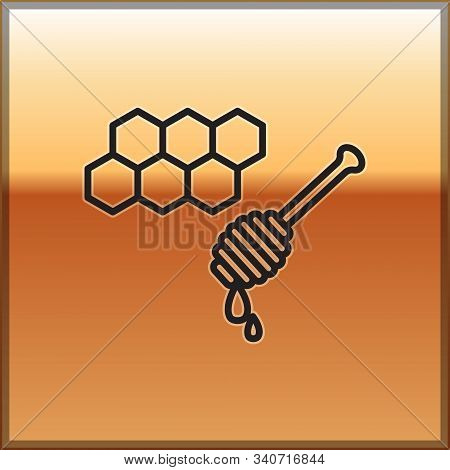 Black Line Honeycomb With Honey Dipper Stickicon Isolated On Gold Background. Honey Ladle. Honey Cel