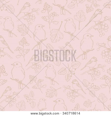 Pink Vintage Vector Pattern With Birds And Plants