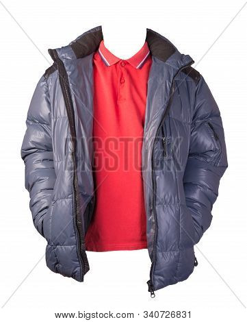 Mens Redt-shirt And Blue Jacket Isolated On White Background.casual Clothing
