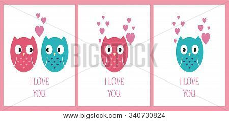 Card Set With Cute Owls. I Love You