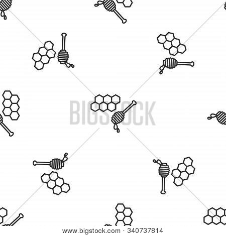 Grey Line Honeycomb With Honey Dipper Stickicon Isolated Seamless Pattern On White Background. Honey