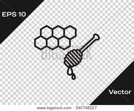 Black Line Honeycomb With Honey Dipper Stickicon Isolated On Transparent Background. Honey Ladle. Ho