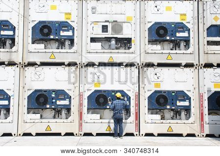 Man Reefer Container Technician Is Keep Monitoring Temperature Frozen Cargo A The Port.
