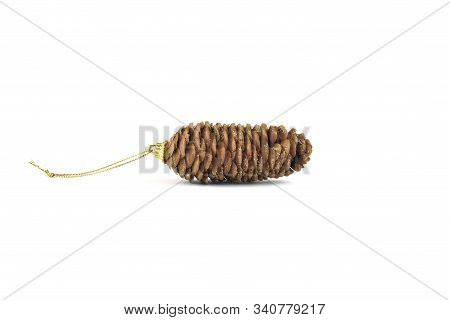 Fir Cone With Sparkles Isolated On White Background. Greeting Card. New Years Holidays. Decoration