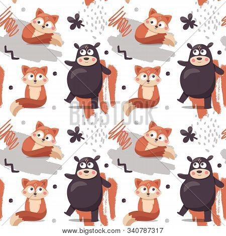 Seamless Scandinavian Cute Pattern Bear Fox Leaf