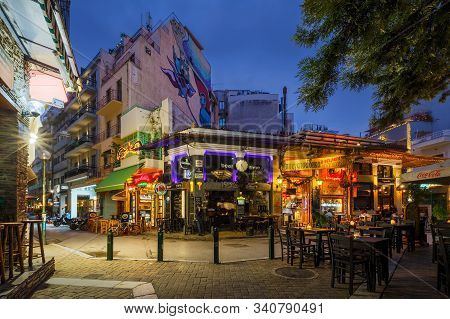 Athens, Greece November 18, 2019: Bars And Coffee Shops In Psirri Neighbourhood In Central Athens, G