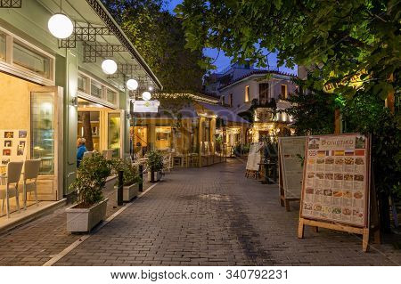 Athens, Greece November 18, 2019: Restaurants In Psirri Neighbourhood In Central Athens, Greece.