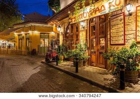 Athens, Greece November 18, 2019: Restaurants In Psirri Neighbourhood In Central Athens, Greece.