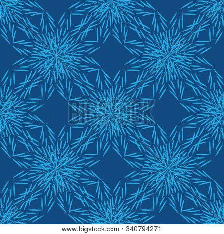 A Seamless Vector Ornamental Pattern With Blue Snowflake Stars. Decorative Winter Themed Surface Pri