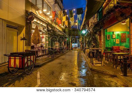 Athens, Greece November 18, 2019: Bars And Coffee Shops In Psirri Neighbourhood In Central Athens, G