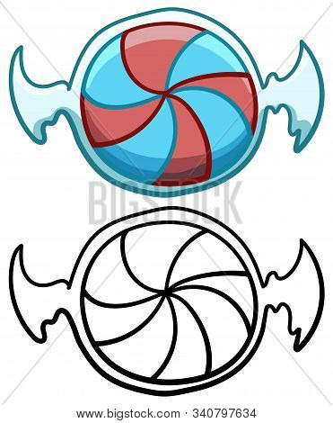 Blue And Red Swirling Round Candy In Transparent Wrapper In Colored And Line Versions On White Backg