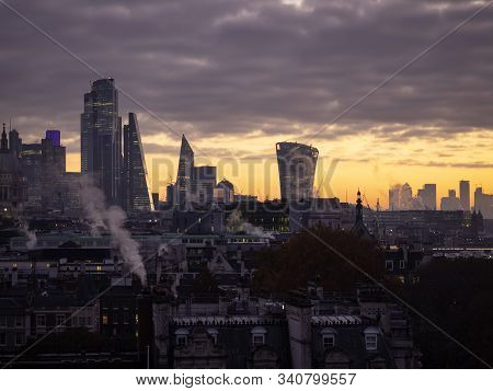 Majestic Dawn Sunrise Landscape Cityscape Over London City Sykline Looking East Along River Thames