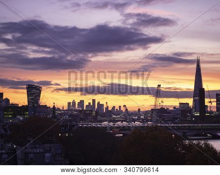 Majestic Dawn Sunrise Landscape Cityscape Over London City Sykline Looking East Along River Thames