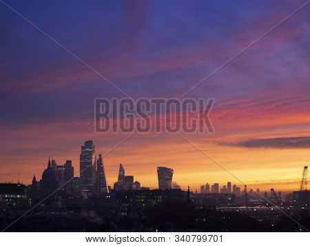 Majestic Dawn Sunrise Landscape Cityscape Over London City Sykline Looking East Along River Thames