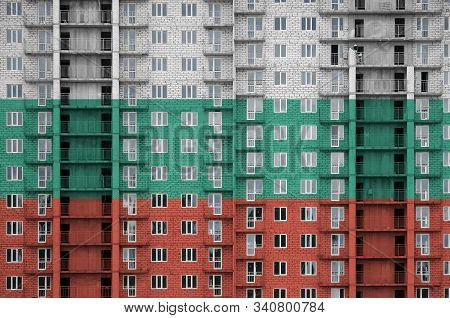 Bulgaria Flag Depicted In Paint Colors On Multi-storey Residental Building Under Construction. Textu