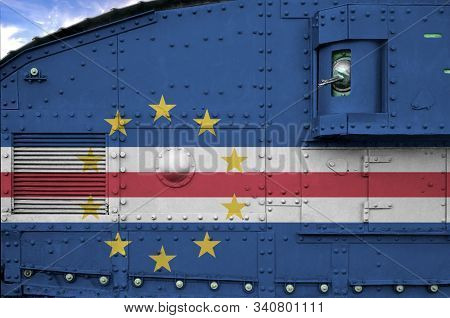 Cabo Verde Flag Depicted On Side Part Of Military Armored Tank Closeup. Army Forces Conceptual Backg