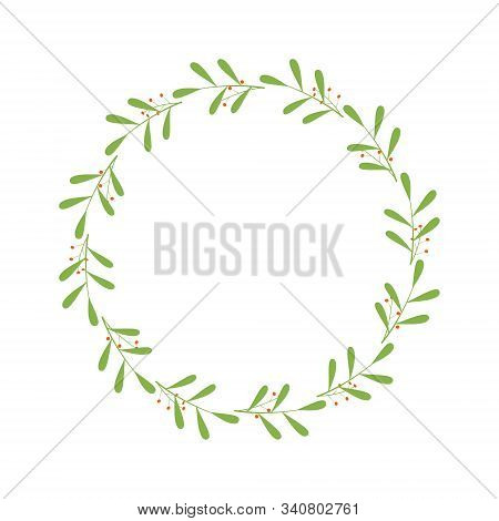 Round Frame Of Green Twigs With Leaves And Berries. Design Template For Logo, Invitation, Greetings.