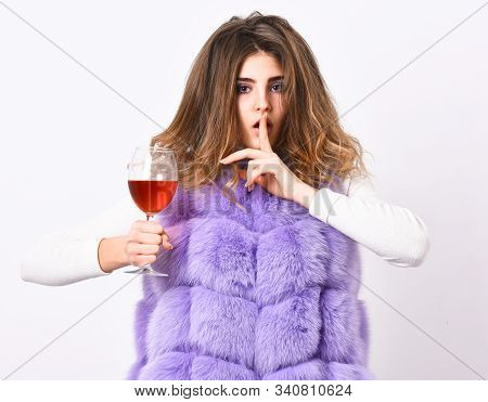 Reasons Drink Red Wine In Wintertime. Girl Fashion Makeup Wear Fur Coat Hold Wine Glass. Alcohol And