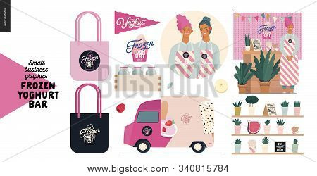 Frozen Yoghurt Bar - Small Business Graphics - Owner And Elements -modern Flat Vector Concept Illust