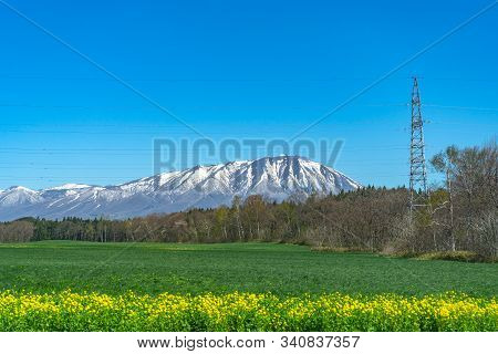 Snow Capped Mount Iwate With Clear Blue Sky Natural Background, Beauty Townscape Of Takizawa And Shi