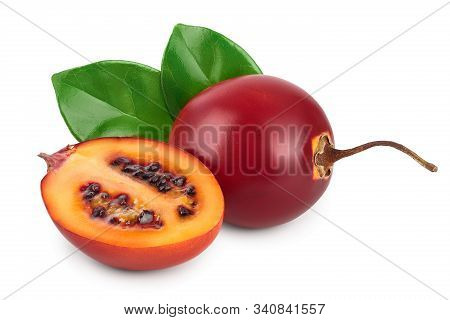 Fresh Tamarillo Fruit With Leaves Isolated On White Background