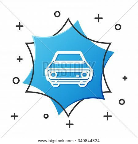 White Line Car Icon Isolated On White Background. Front View. Blue Hexagon Button. Vector Illustrati
