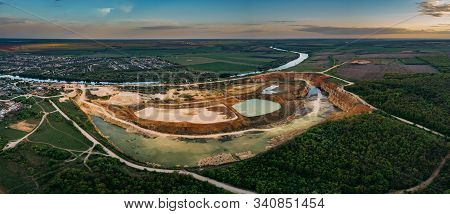 Panorama Of Limestone Open Pit Mine, Aerial View From Drone