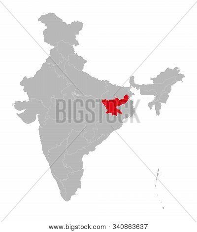 Jharkhand State Highlighted Red On Indian Map Vector. Light Gray Background. Perfect For Business Co
