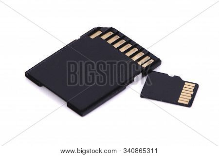 Sd And Microsd Memory Card. Isolated On A White Background. Clipping Path Inside.