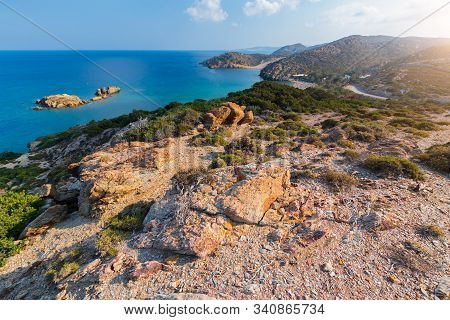 Aerial View On Beautiful Vai Palm Beach At Eastern Part Of Crete Island. Afternoon Foto. Greece Euro