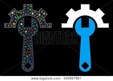 Glowing Mesh Service Tools Icon With Glare Effect. Abstract Illuminated Model Of Service Tools. Shin