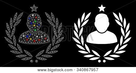 Bright Mesh Man Glory Laurel Emblem Icon With Glare Effect. Abstract Illuminated Model Of Man Glory 