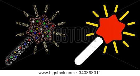 Bright Mesh Wizard Wand Icon With Glow Effect. Abstract Illuminated Model Of Wizard Wand. Shiny Wire
