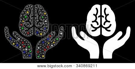 Glossy Mesh Brain Care Hands Icon With Glow Effect. Abstract Illuminated Model Of Brain Care Hands. 