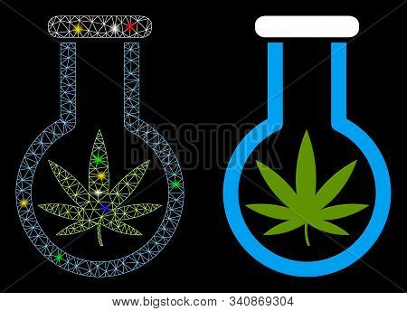 Flare Mesh Cannabis Flask Icon With Glitter Effect. Abstract Illuminated Model Of Cannabis Flask. Sh