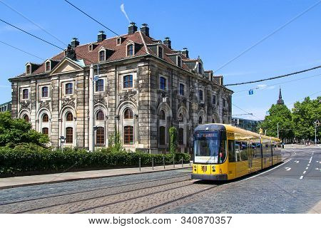 Dresden, Germany - July 20, 2014: Articulated Tramway Bombardier Ngt D8 Dd In The City Street.