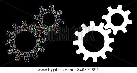 Glowing Mesh Reduction Gears Icon With Glare Effect. Abstract Illuminated Model Of Reduction Gears. 
