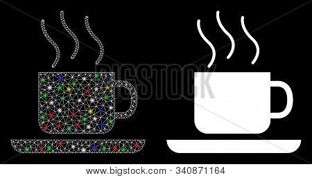 Flare Mesh Coffee-break Icon With Glare Effect. Abstract Illuminated Model Of Coffee-break. Shiny Wi