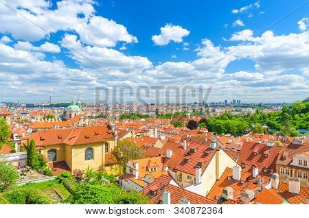 Top Aerial Panoramic View Of Prague Historical City Centre With Red Tiled Roof Buildings In Mala Str