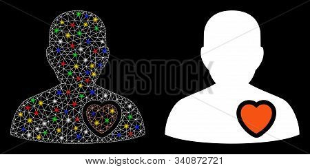 Glossy Mesh Patient Heart Icon With Glare Effect. Abstract Illuminated Model Of Patient Heart. Shiny