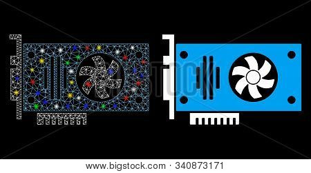 Flare Mesh Videocard Icon With Glare Effect. Abstract Illuminated Model Of Videocard. Shiny Wire Fra