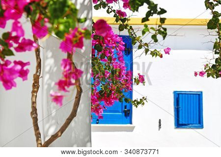 Traditional Scene Of Houses At Koufonisia Islands Cyclades Greece - Pink Bougainvillea Flowers And T